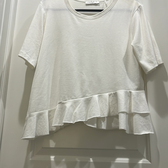 Sandro Asymmetric Ruffle Hem Short Sleeve T-Shirt White Sz 3 (M) - Picture 4 of 7